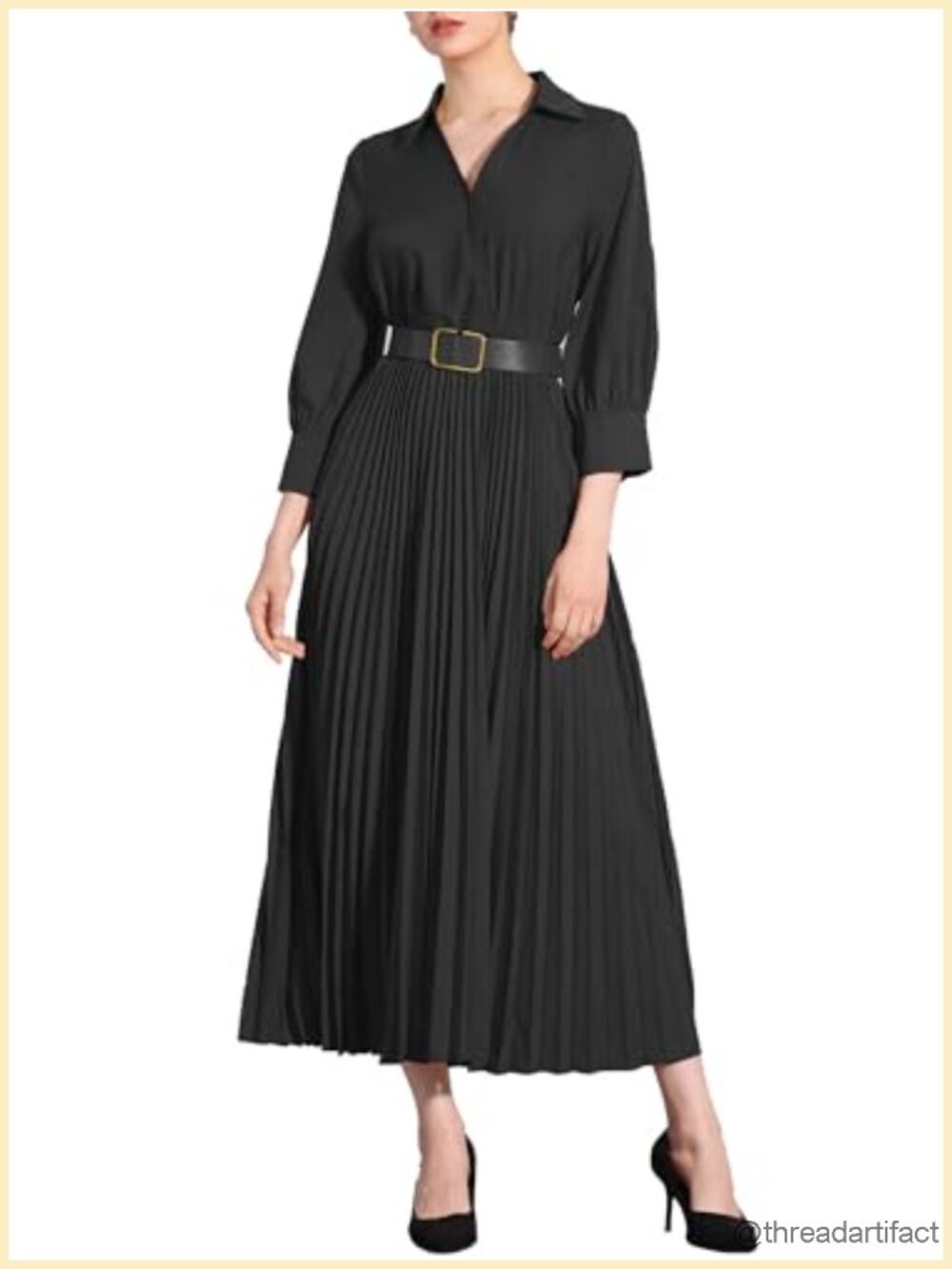Dressy Casual Pleated Maxi Dress with 3/4 Sleeves & Belt